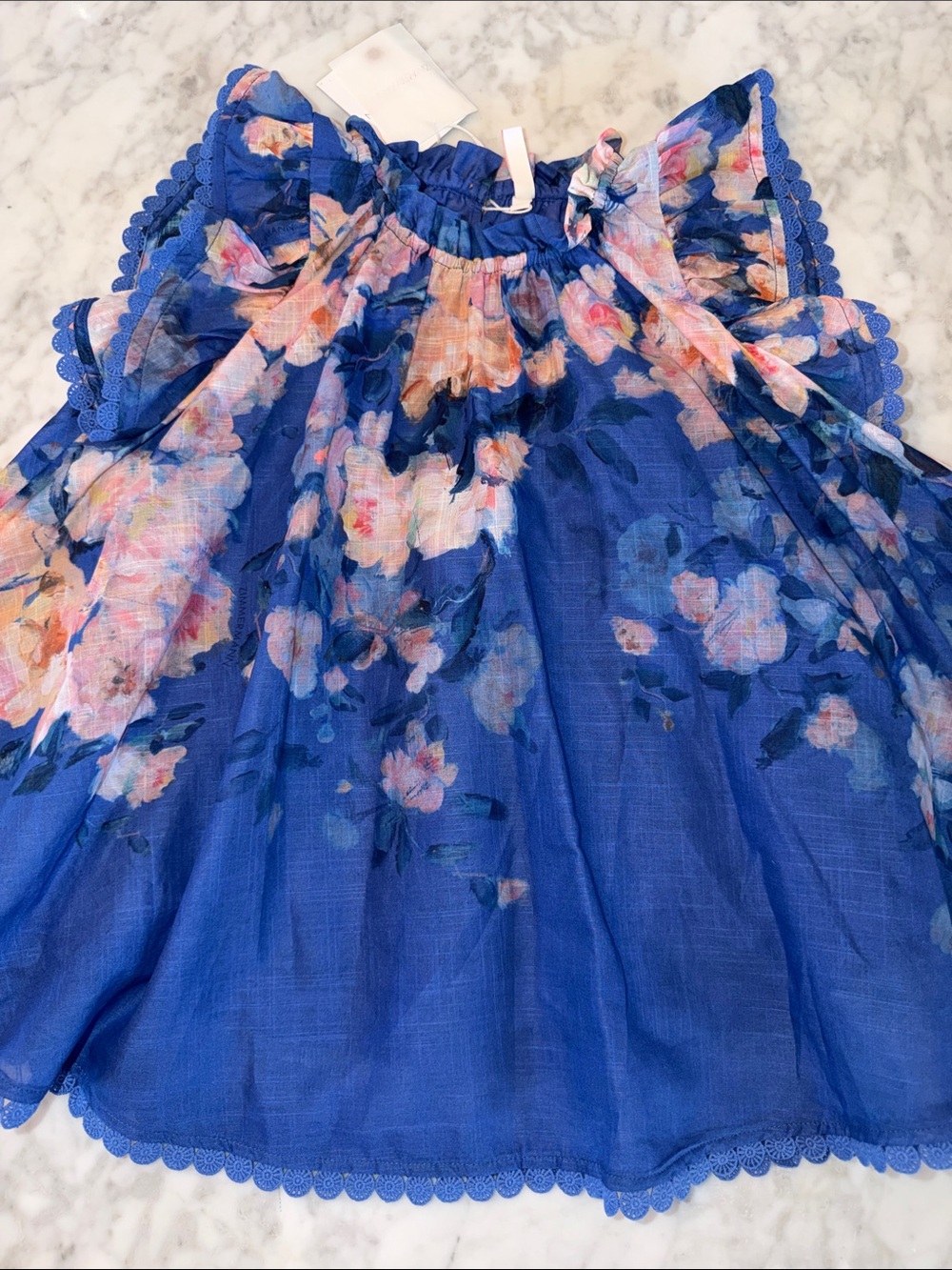 NWT Zimmermann Royal Blue Floral Ruffled Off-Shoulder Dress 2Y